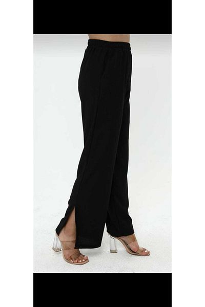 UPARS Black Elastic Waist Palazzo Cut Trousers with Leg Slit Pocket Detail