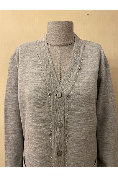 TEK Stylish Patterned - Beaded Knitwear Mother Cardigan with Pearl Detail / Gray