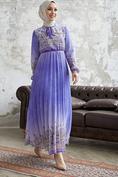 InStyle Lovella Desen Kuşaklı Şifon Elbise - Lila