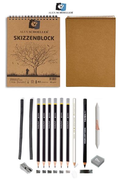 GLANCE Alex Schoeller Kraft A5 Top Spiraled 50 Yp Lyra Art Design Graduated Charcoal Sketch Drawing Set