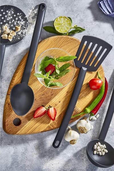 ELEGANCEV Teflon Ladle Spoon Colander Spatula Serving Set-4 Pieces-black