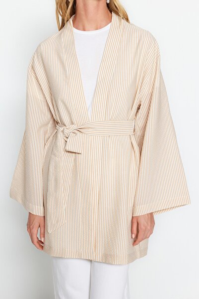 Trendyol Modest Stone Belted Woven Seersucker Striped Kimono & Kaftan TCTSS23KK00001