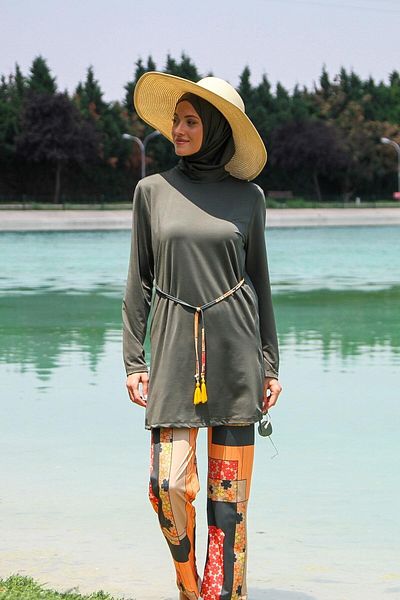 Marina 3-Piece Khaki Waist Tie Detailed Fully Covered Hijab Swimsuit M2226
