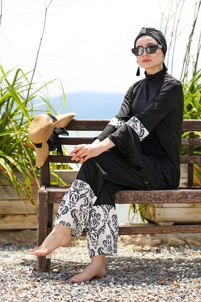 Marina Rope Tied 4-Piece Black Patterned Fully Covered Hijab Swimsuit 1958