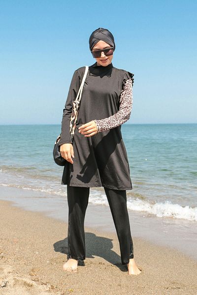 Marina Black 4-Piece Leopard Sleeve Detailed Fully Covered Hijab Swimsuit M2101