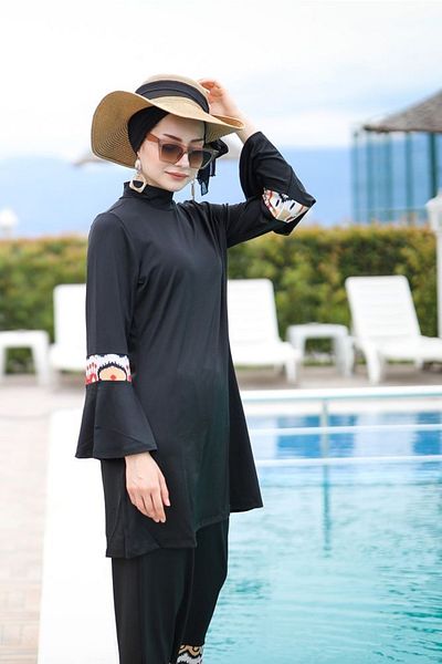 Marina Rope Tied 4-Piece Black Pattern Detailed Fully Covered Hijab Swimsuit 1961