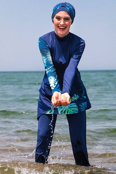 Marina Navy Blue 4-Piece Leaf Patterned Fully Covered Hijab Swimsuit M2125