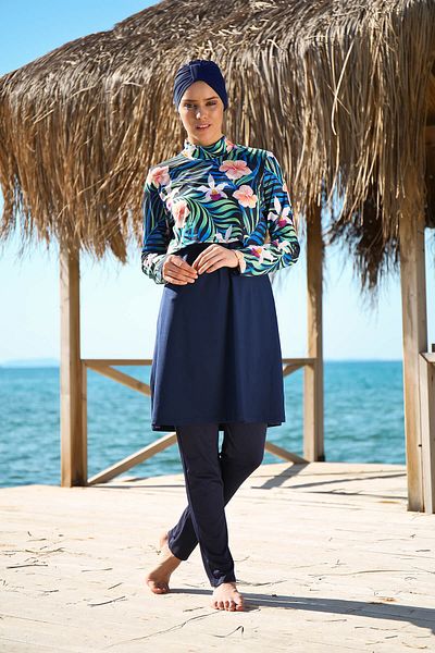 Marina Rope Tied 4-Piece Navy Blue Floral Patterned Fully Covered Hijab Swimsuit 1971