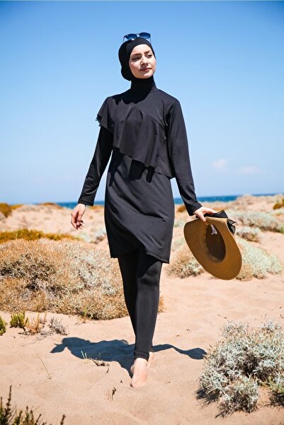 Marina Μαύρο μαγιό 4 τεμαχίων με λεπτομέρεια με πλήρη κάλυψη Hijab M2034