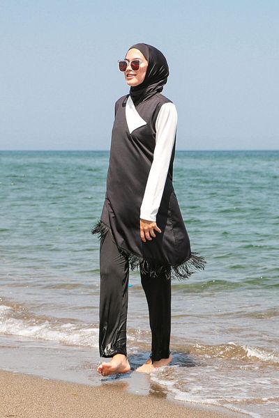 Marina Costum de baie Hijab acoperit complet cu dungi alb-negru, 4 piese, cu cravată de frânghie M2107