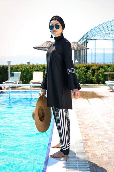 Marina Rope Tied 4-Piece Black Dot Detailed Full Covered Hijab Swimsuit 1960