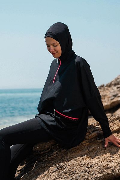Marina Parachute 3-Piece Black Mesh Pocket Detailed Fully Covered Hijab Swimsuit M2275