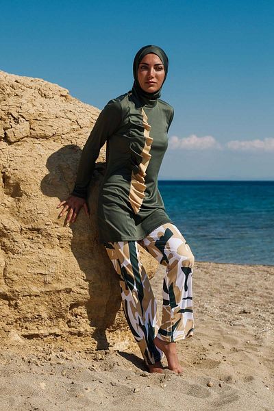 Riva Mera Rivamera 4-Piece Khaki Flounce Detailed Fully Covered Hijab Swimsuit R1105