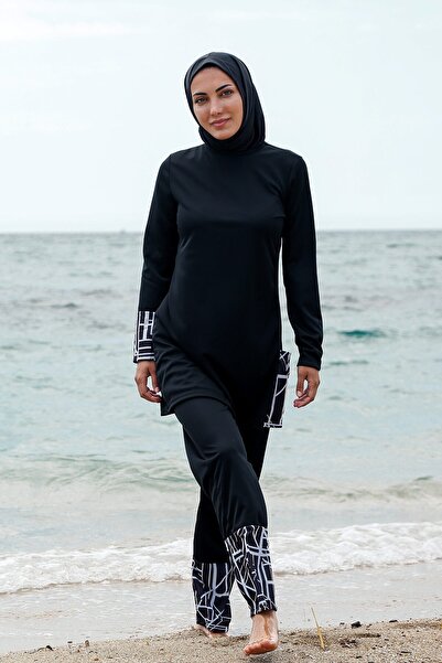 Riva Mera Rivamera 4-Piece Black and White Patterned Fully Covered Hijab Swimsuit R1114
