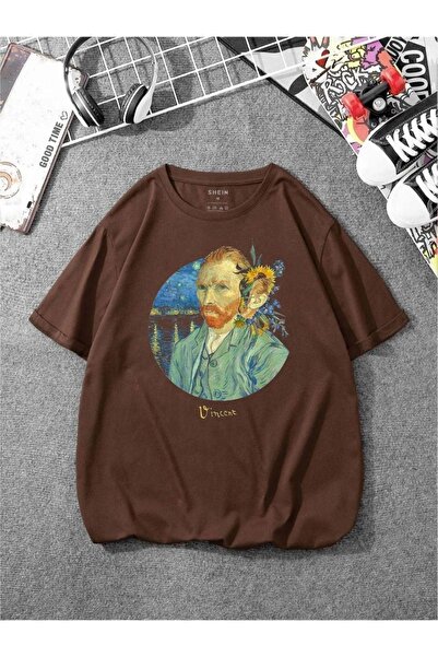 ORLONTEX Unisex Kahverengi Van Gogh Baskılı Oversize Bisiklet Yaka T-shirt