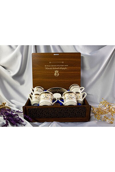 Kütahya Serigrafi Altın Yaldızlı 6li Ahşap Kutulu Fincan Takımı