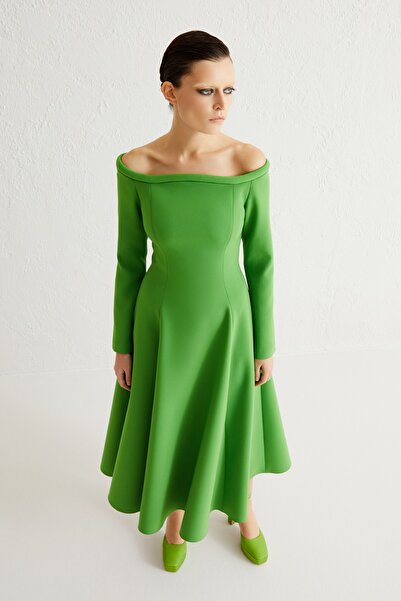 cercis فستان ميدي أخضر بأكمام طويلة - رقبة قارب