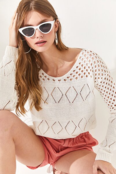 Olalook Dámská ecru prolamovaná halenka z bavlněného úpletu s geometrickým vzorem BLZ-19002274