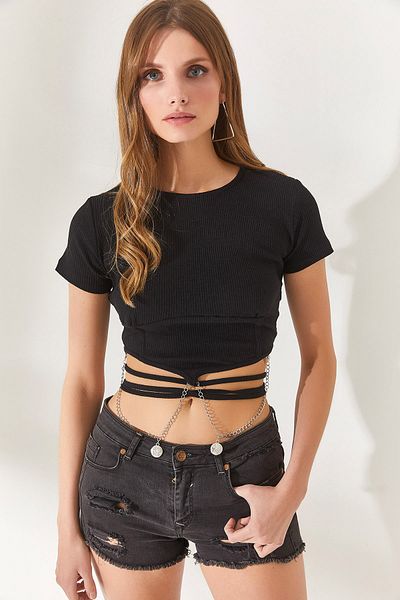 Olalook Women's Black Tied Chain Garnished Crop T-Shirt BLZ-19002279