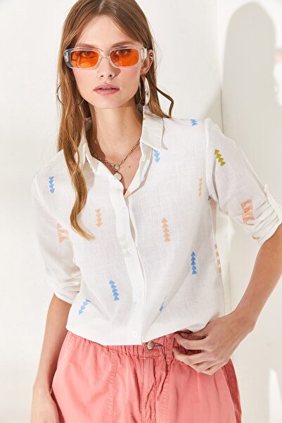 Olalook Kadın Ok Turuncu Mavi Kol Katlamalı Keten Gömlek GML-19000825