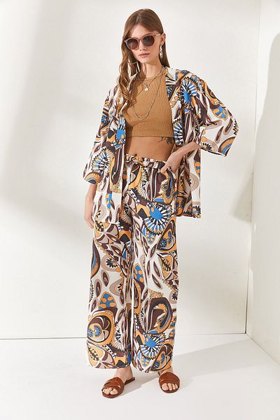 Olalook Women's Shawl Brown Belted Patterned Linen Palazzo Trousers PNT-19000226