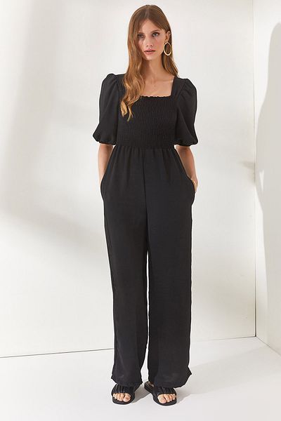 Olalook Woman's Black Top Guiped Hidden Pocket Ayrobin Jumpsuit TLM-19000143