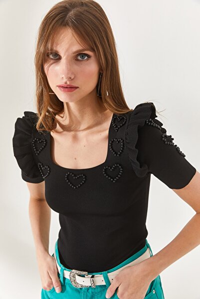 Olalook Γυναικεία μπλούζα Crop με μαύρο μανίκι με βολάν καρδιά με χάντρες BLZ-19002269