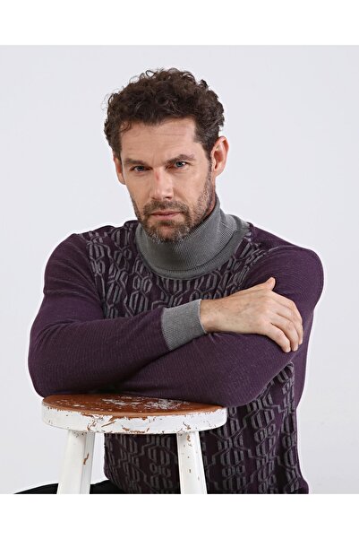 Çizgi Triko Men's Full Turtleneck Cotton Knitwear Gray Sweater Patterned Sleeve and Waist Elastic Regular