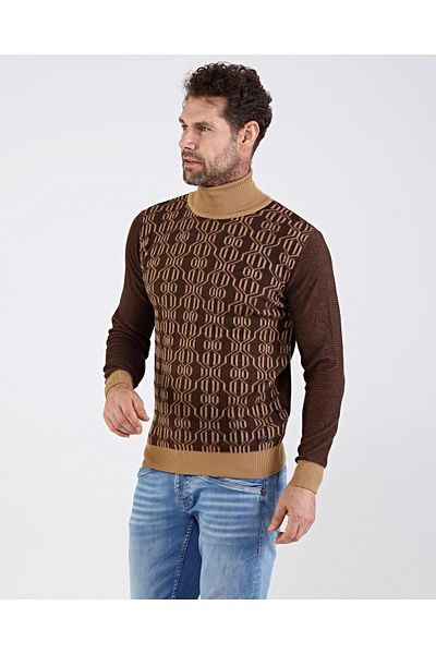 Çizgi Triko Men's Full Turtleneck Cotton Knitwear Mustard Sweater Patterned Sleeve and Waist Elastic Regular