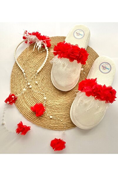 irembaby Anne Lohusa Seti Kırmızı Çiçekli Incili Lohusa Tacı Terliği