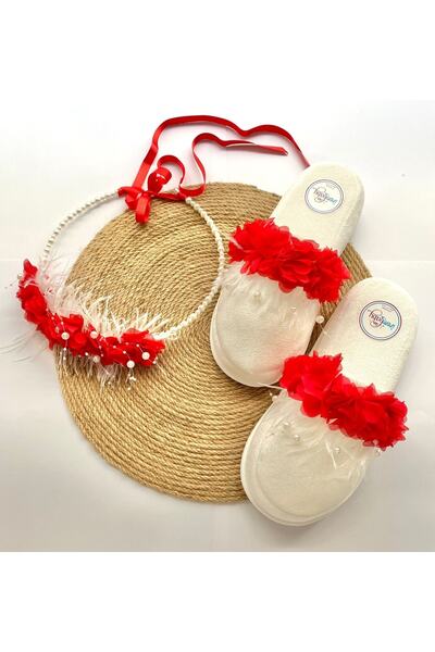 irembaby Anne Lohusa Seti Kırmızı Çiçekli Incili Lohusa Tacı Terliği