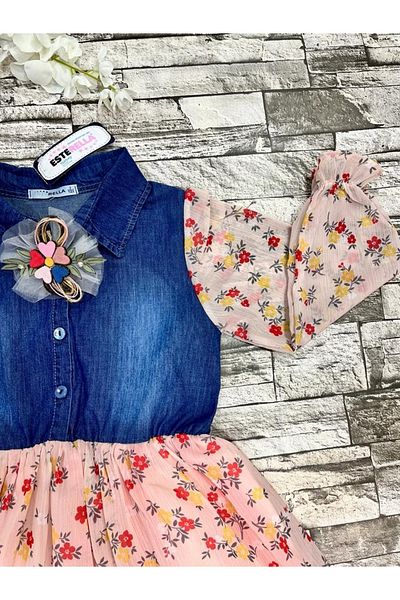 Esterella Rochie din șifon pentru blugi pentru copii/Guler cămașă din denim/Imprimeu floral/Rochie cadou cu cataramă