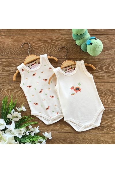 Renkli Puset 2-Piece Organic Cotton Combed Baby Bodysuit with Straps Red Dino