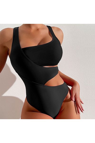 EZRA Strapped High Waist One Piece Blackless Swimsuit
