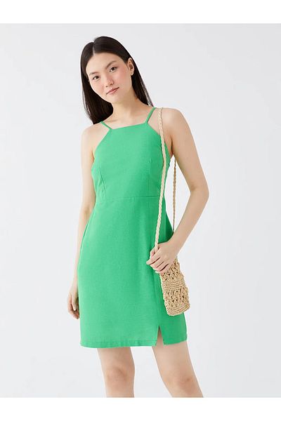 LC Waikiki Γυναικείο φόρεμα Lcw Casual Halter γιακά ίσιο λουράκι Λινό Look Γυναικείο φόρεμα Ofstr