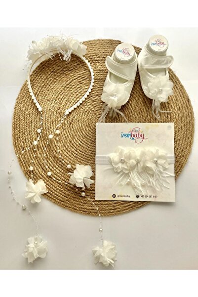 irembaby Anne Bebek Lohusa Seti Beyaz Çiçekli Incili Lohusa Tacı Bebek Ayakka...