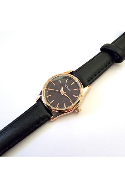 Marlas Retro Kadın Kol Saati, Vintage Minimal, Rose Gold Renk, Çizgili Kadran, Siyah Kordon