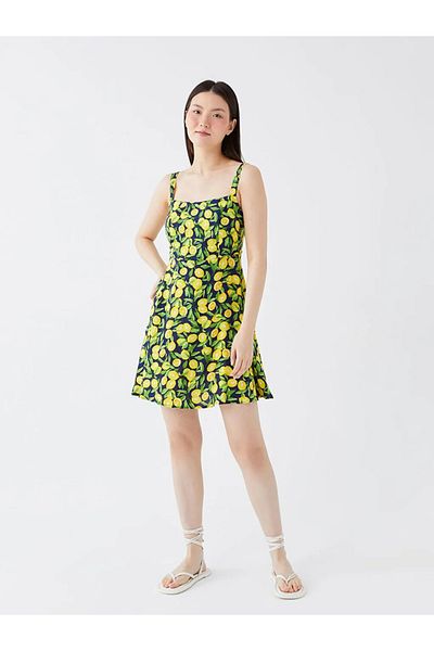 LC Waikiki Γυναικείο φόρεμα με λουράκια Lcw Casual τετράγωνο γιακά με σχέδιο Ofstr