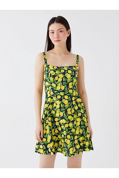 LC Waikiki Γυναικείο φόρεμα με λουράκια Lcw Casual τετράγωνο γιακά με σχέδιο Ofstr