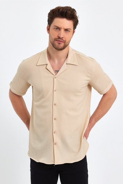 CLIPMAN Cămașă cu mânecă scurtă, cu guler deschis, de in, cu model slim, pentru bărbați, bej34