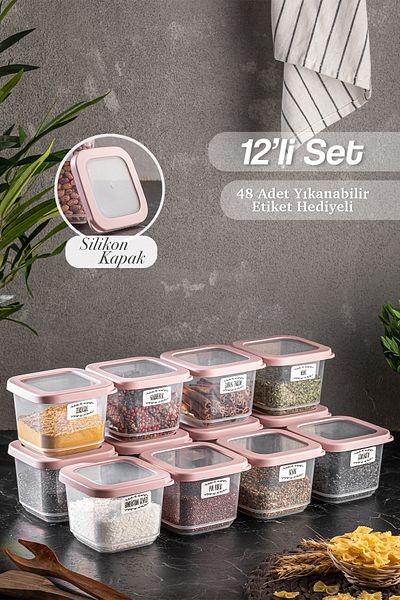 Meleni Home 12-Piece Rosie Small Size Silicone Lid Square Food Storage Container Set 12x 500 ml Spice Bowl Set