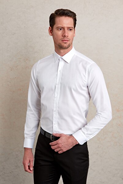 Hatemoğlu Beyaz Comfort Fit Desenli 100% Pamuk Slim Yaka Uzun Kollu Casual Gö...