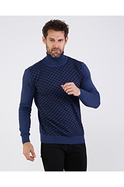 Çizgi Triko Ανδρικό πλήρες ζιβάγκο βαμβακερό πλεκτό πουλόβερ Indigo με μοτίβο μανίκια και μέση ελαστική κανονική