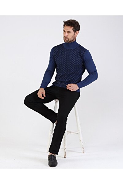 Çizgi Triko Ανδρικό πλήρες ζιβάγκο βαμβακερό πλεκτό πουλόβερ Indigo με μοτίβο μανίκια και μέση ελαστική κανονική