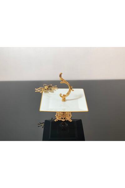 atabey home Kütahya Porselen Ayaklı Sunumluk Kulplu Siyah Çiçek 20 Cm Kare