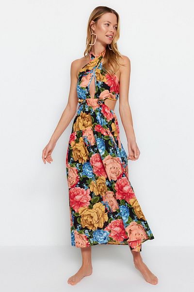 Trendyol Collection Floral Patterned Maxi Woven Tie-Up 100% Cotton Beach Dress TBESS23EL00214