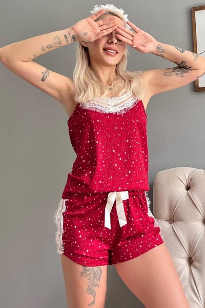 Pijamaevi Knitted Pajama Set with Red Star Lace Detailed Rope Strap Shorts