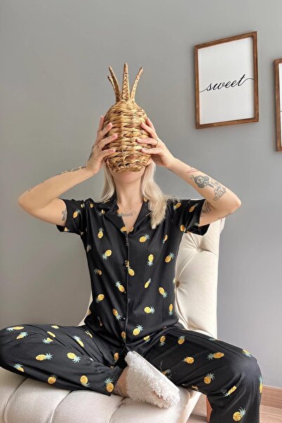 Pijamaevi Pineapple Patterned Knitted Front Buttoned Short Sleeve Women's Pajamas