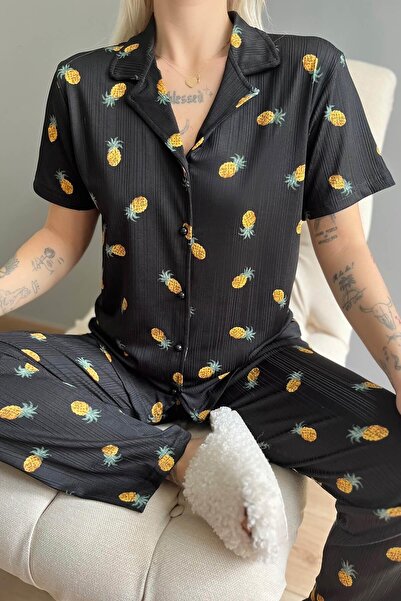 Pijamaevi Pineapple Patterned Knitted Front Buttoned Short Sleeve Women's Pajamas