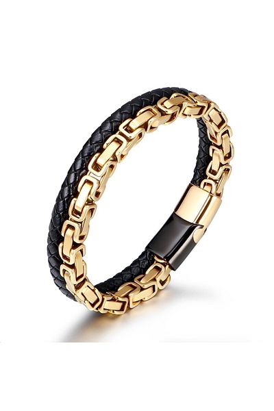 Tesbihane Real Leather Knitted Combination Magnetic Buckle 316l Quality Steel Mechanism Men's Bracelet